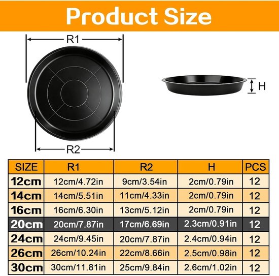 12 stuks onderborden, rond, planten, onderzetter, 20 cm, onderschotel, bloempot, bloemenonderzetter, kunststof, bloempotenmat, zwart, plantenonderzetter voor tuin, balkon, woonkamer — afbeelding 2
