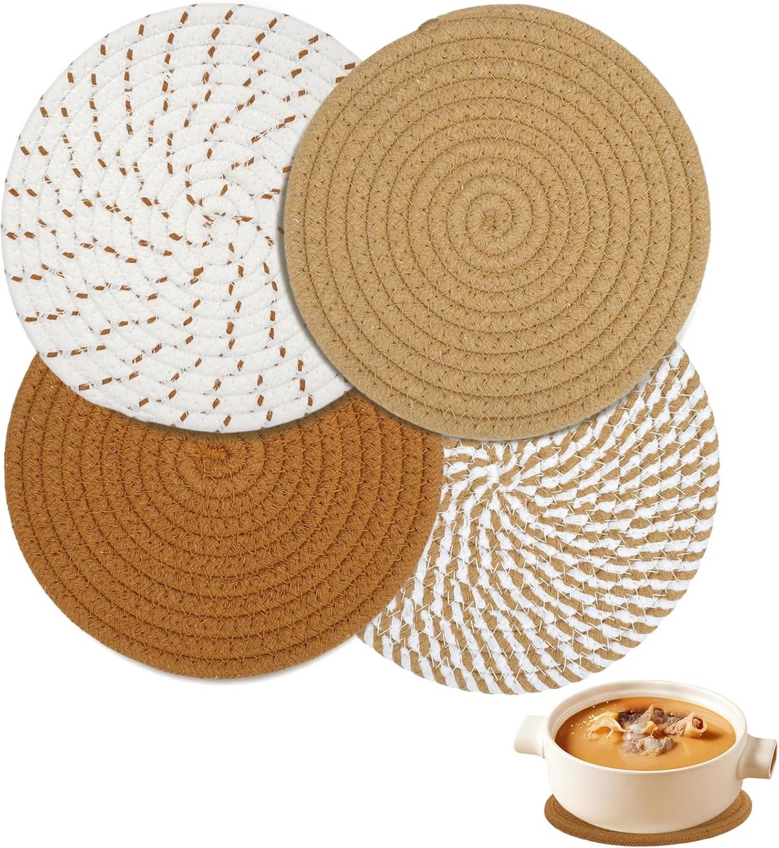 Set van 4 katoenen draden, geweven matten, 18 cm, pannenonderzetters, hittebestendig, voor eetkamer, kantoor, keuken, hotel