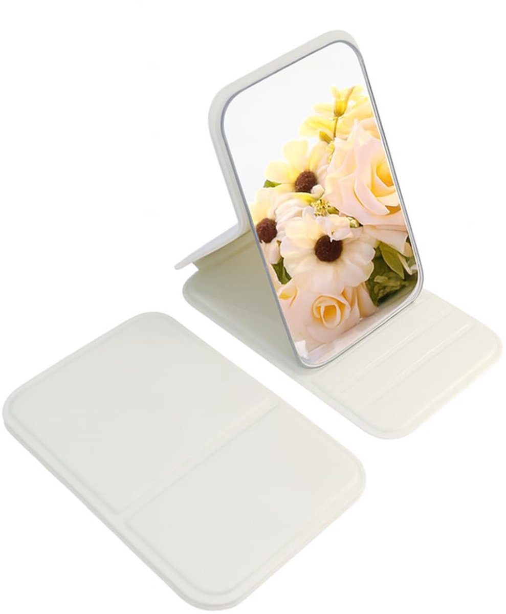 Spiegel, handspiegel, reisspiegel, kleine spiegel met leren hoes in rechthoekige vorm, ideaal voor knutselwerk, knutselen, cosmetica en om mee te nemen, 7,0 x 10,0 cm (crèmewit)