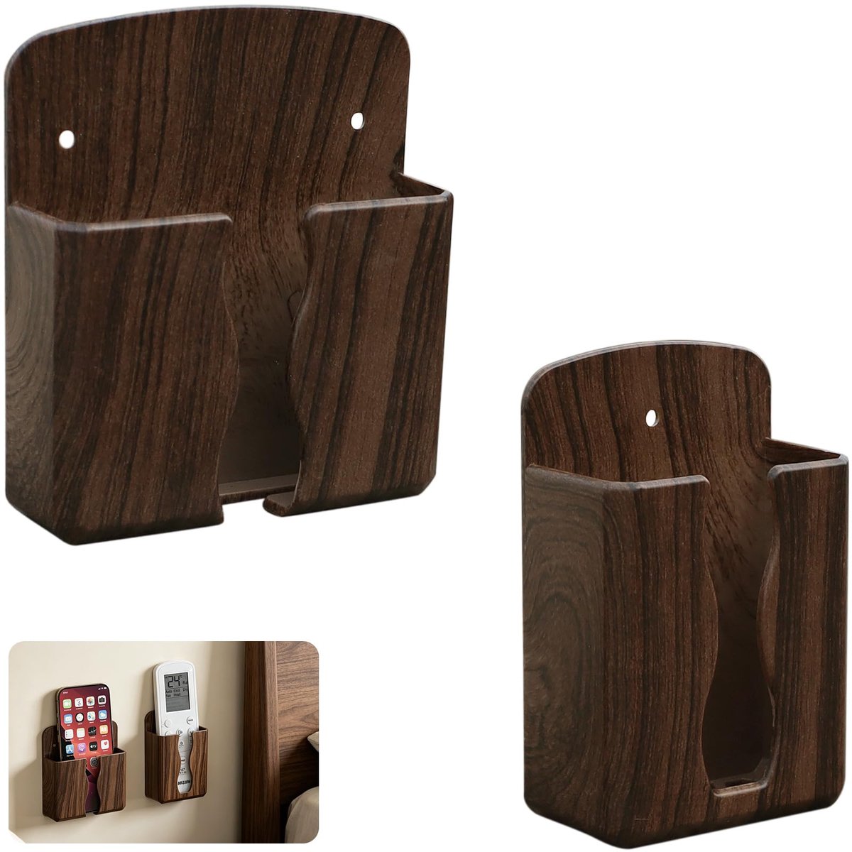2 PCS Zelfklevende wandhouder voor afstandsbedieningen, wandorganizer zonder boren met oplaadopening voor mobiele telefoon, opbergdoos voor tv- en airconditionerafstandsbedieningen, moderne houtlook