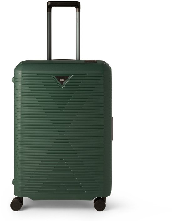 Groene koffer met horizontale ribbels en een driehoekig logo.