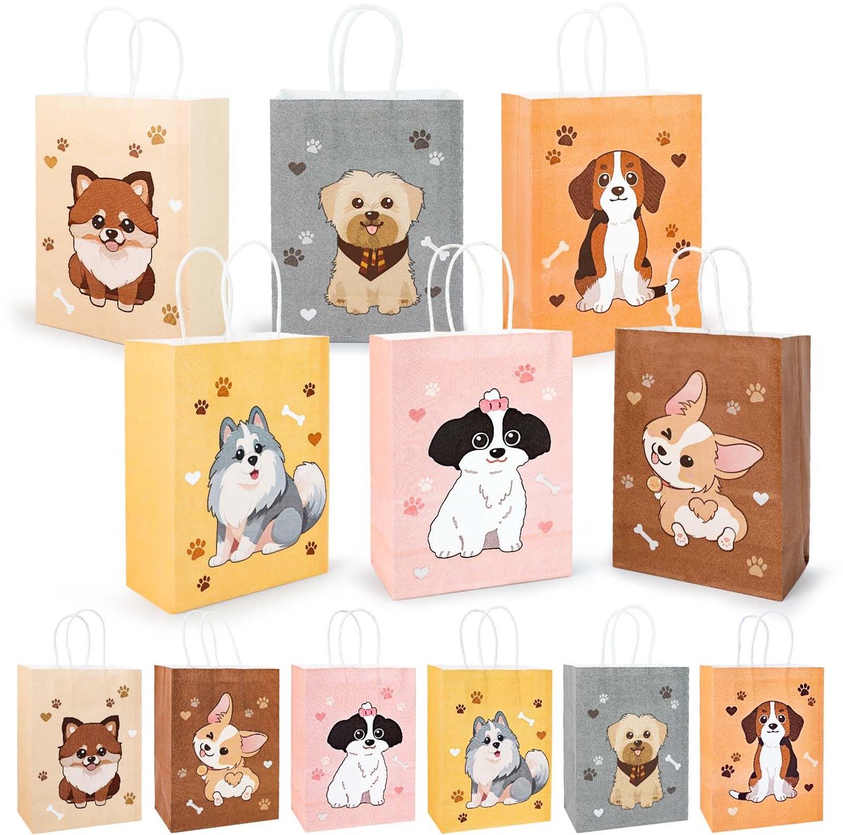 Geschenkzakjes met handvat, 18 stuks kinderverjaardagszakjes, kraftpapieren zakken met hondenpatroon voor het verpakken van geschenken, verjaardag, snoep, huisdierfeest