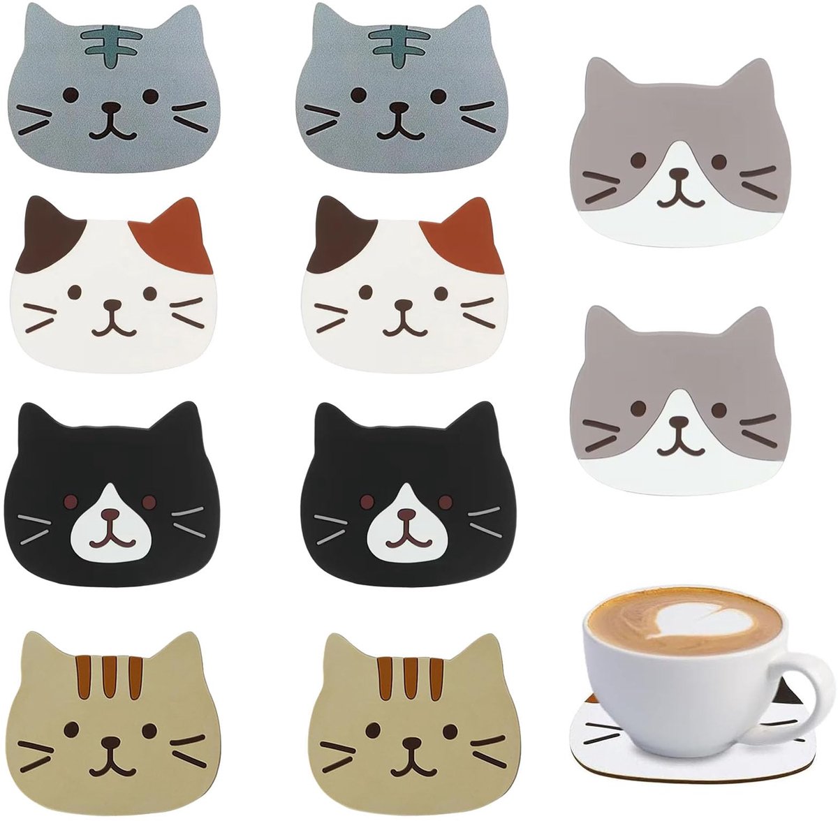 10 stuks schattige kattenonderzetters, onderzetters, glazen, schattige cartoononderzetters, hout, kattendecoratie, antislip, hittebestendig, voor wijn, glas, thee, dranken, bier, huis, keukendecoratie