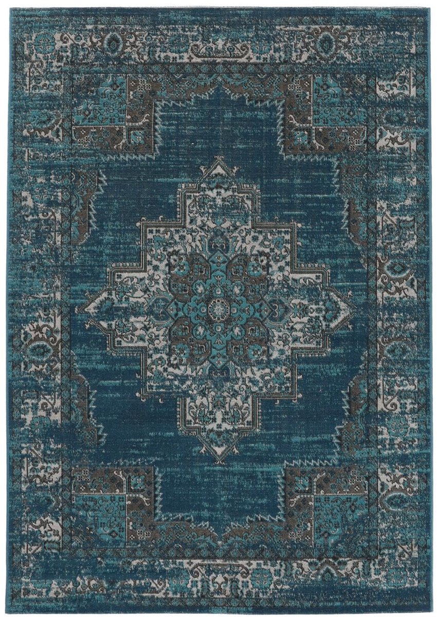 Vloerkleed, Vintage, 100 x 160 cm, Rechthoekig, Laagpolig, Woonkamer, Eetkamer, Slaapkamer, Keuken, Alleen chemisch reinigen, oeko_tex_100, Donker Blauw/Turkoois