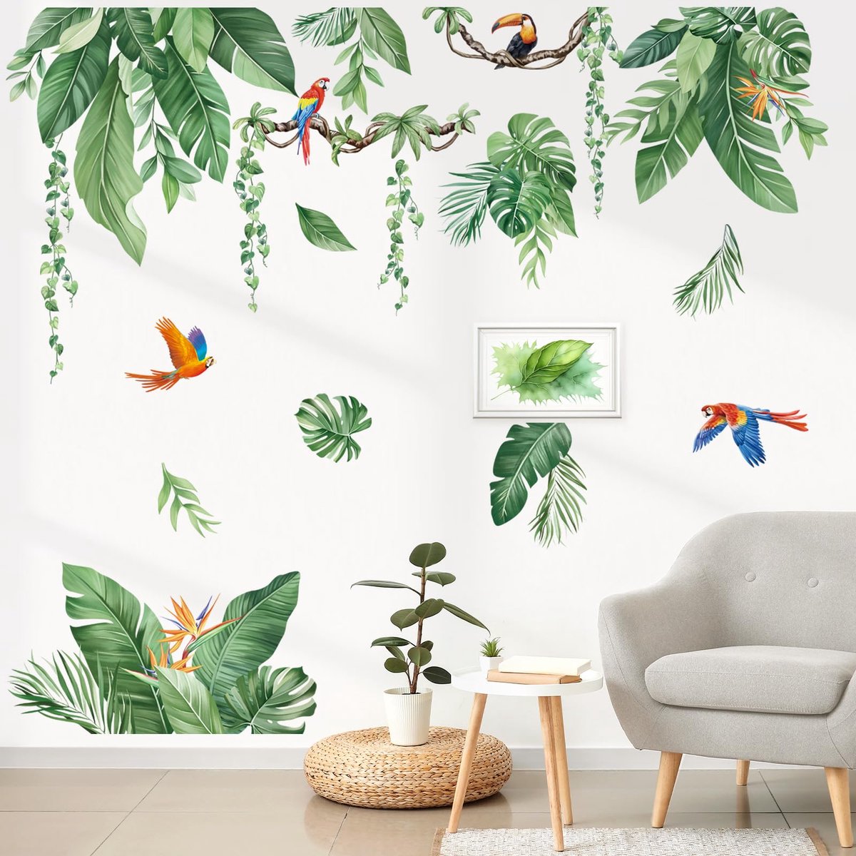 decalmile Tropische jungle bladeren muurstickers palmblad hangende klimplanten groene planten muurstickers woonkamer slaapkamer TV achtergrond muur decor