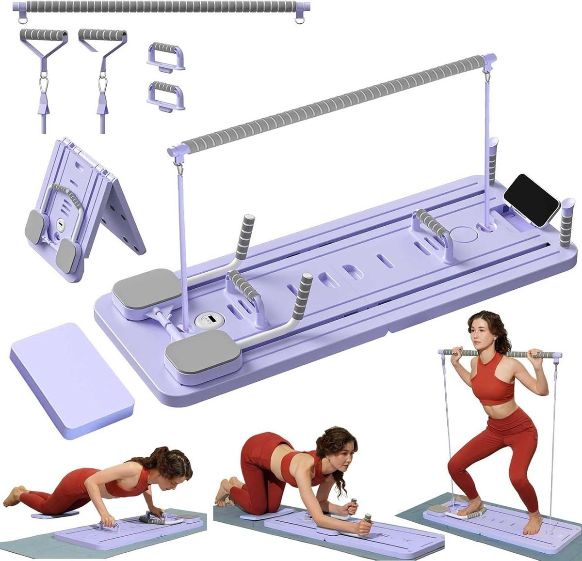 Pilates Set - Thuis Gym - Full Body Workout - Inclusief Pilates Bar - 150 kg Belasting - Paars