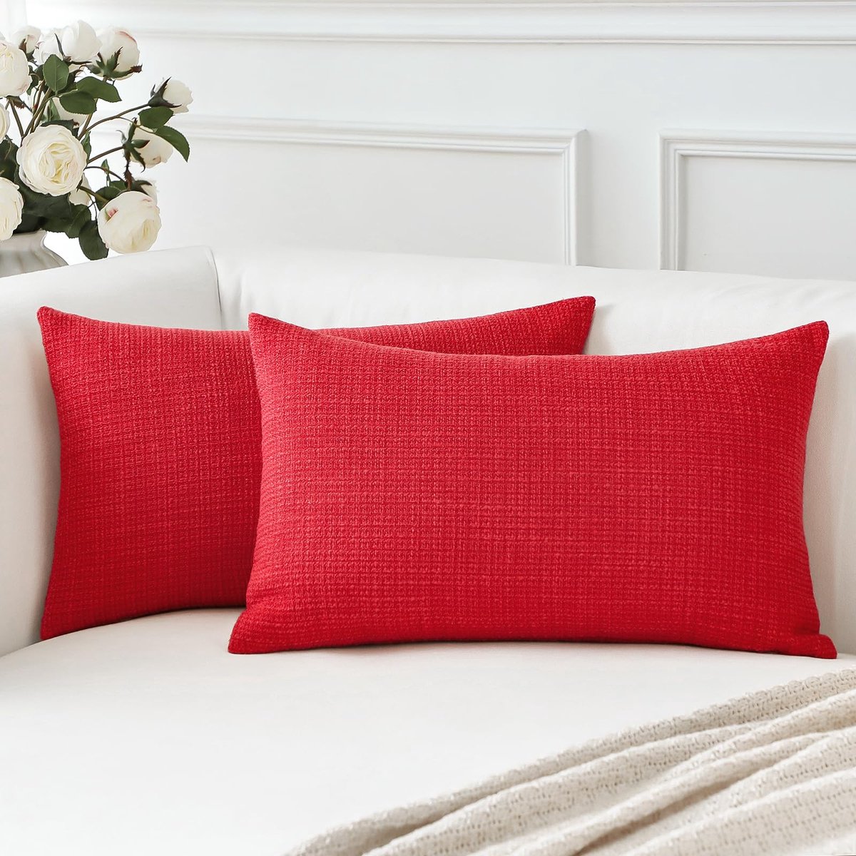 2-delige Set Sierkussenhoezen - Effen Linnen - Voor Bank en Slaapkamer - Rood 30x50 cm