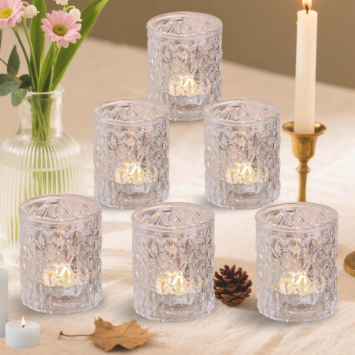 6 stuks glazen theelicht kandelaars, heldere kaarshouders, theelichthouders, glazen kandelaars, vintage voor kaarsen, bruiloftsdecoratie, tafeldecoratie, votiefkandelaars