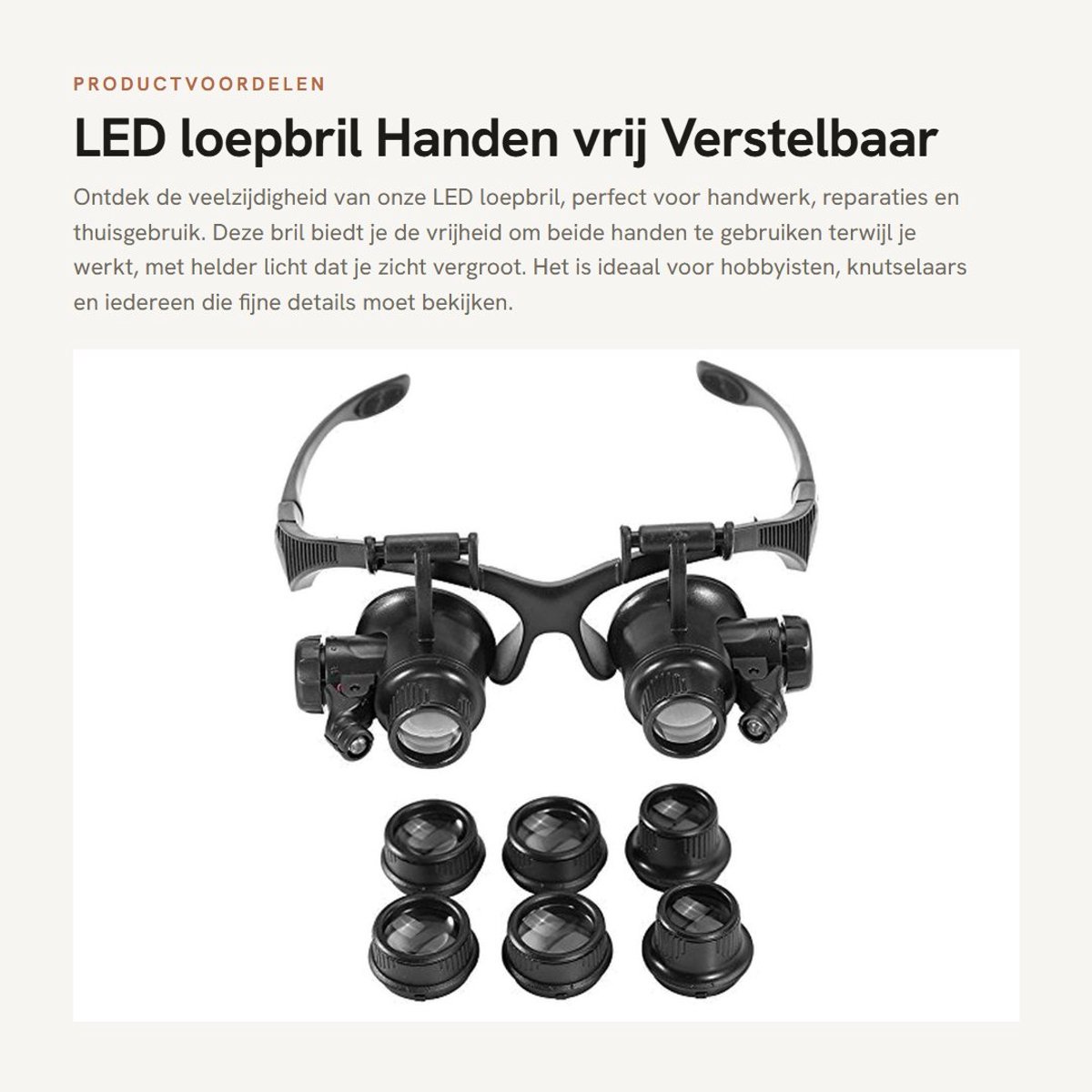 Dailygoods - LED loepbril - Handen vrij - Verstelbaar licht - Transparant - Voor handwerk - 4 verwisselbare lenzen - Geschikt voor thuisgebruik