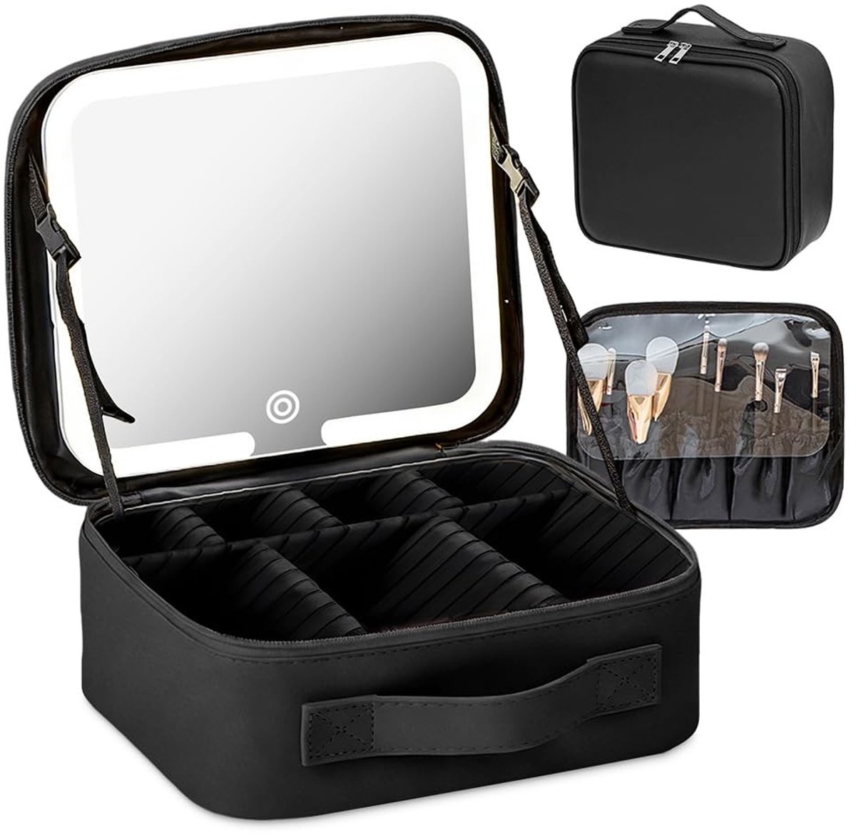 Dailygoods - Cosmetische tas met spiegel en licht, reis-cosmeticatas met verlichte spiegel, 3 kleuren led make-uptas, reis-make-uptas, reissieradenkistje met vakken, zwart, cosmeticatas