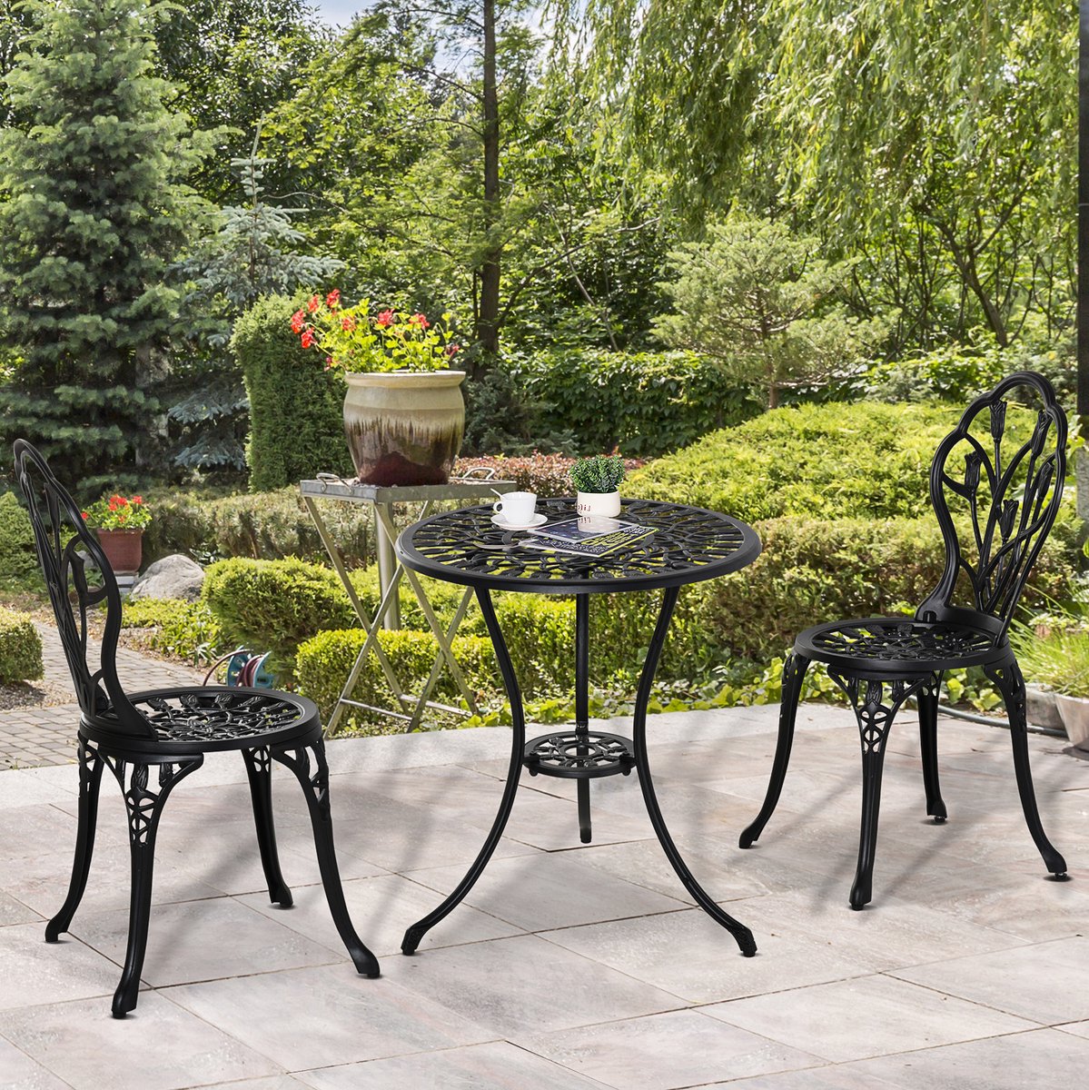 MIVRAY Bistroset 2 Personen Rond Tafel 60 Cm Met Parasolgat 2 Klapstoelen Aluminium Zwart Voor Tuin Balkon En Terras