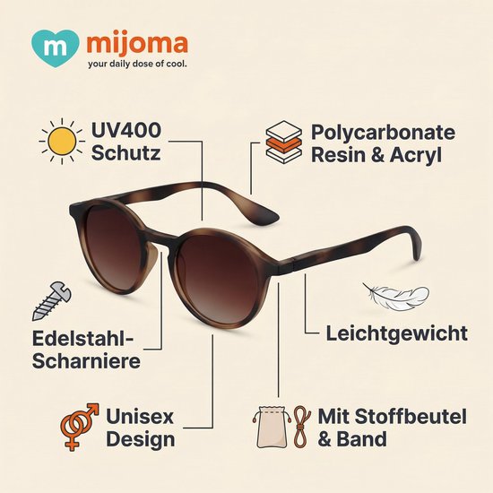 Dailygoods- Zonnebril Uniseks - Ronde Zonnebril - Getinte Glazen - Polycarbonaat Hars - Lichtgewicht Frame - Inclusief Zakje en Band van Dailygoods — afbeelding 5