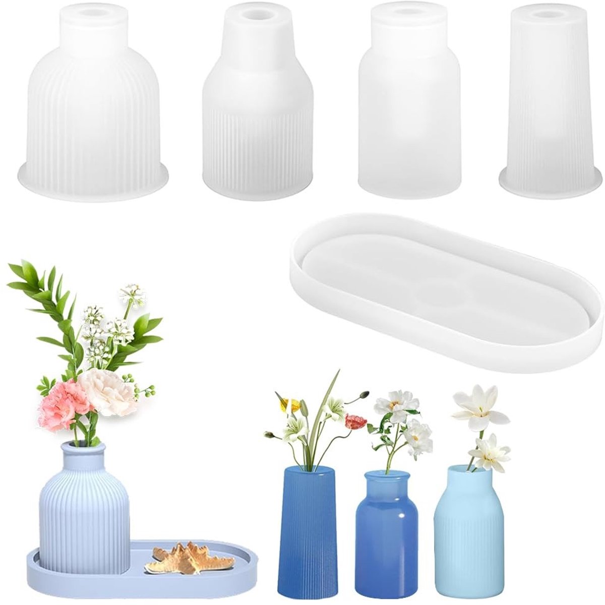 Dailygoods - 5 stuks siliconen vormen voor vaas, 4 vazen + 1 dienblad, harsvorm voor doe-het-zelf vaas, epoxyhars vaas, bloemenvormen voor het maken van veerhouders, vazen en decoratieve ornamenten