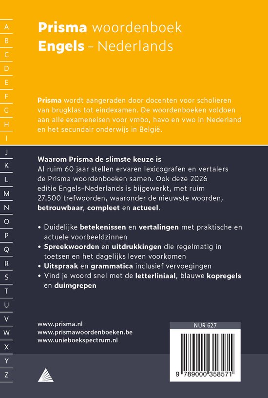 Prisma woordenboek Engels - Nederlands, met gele en oranje kleurstelling en Nederlandse letters.
