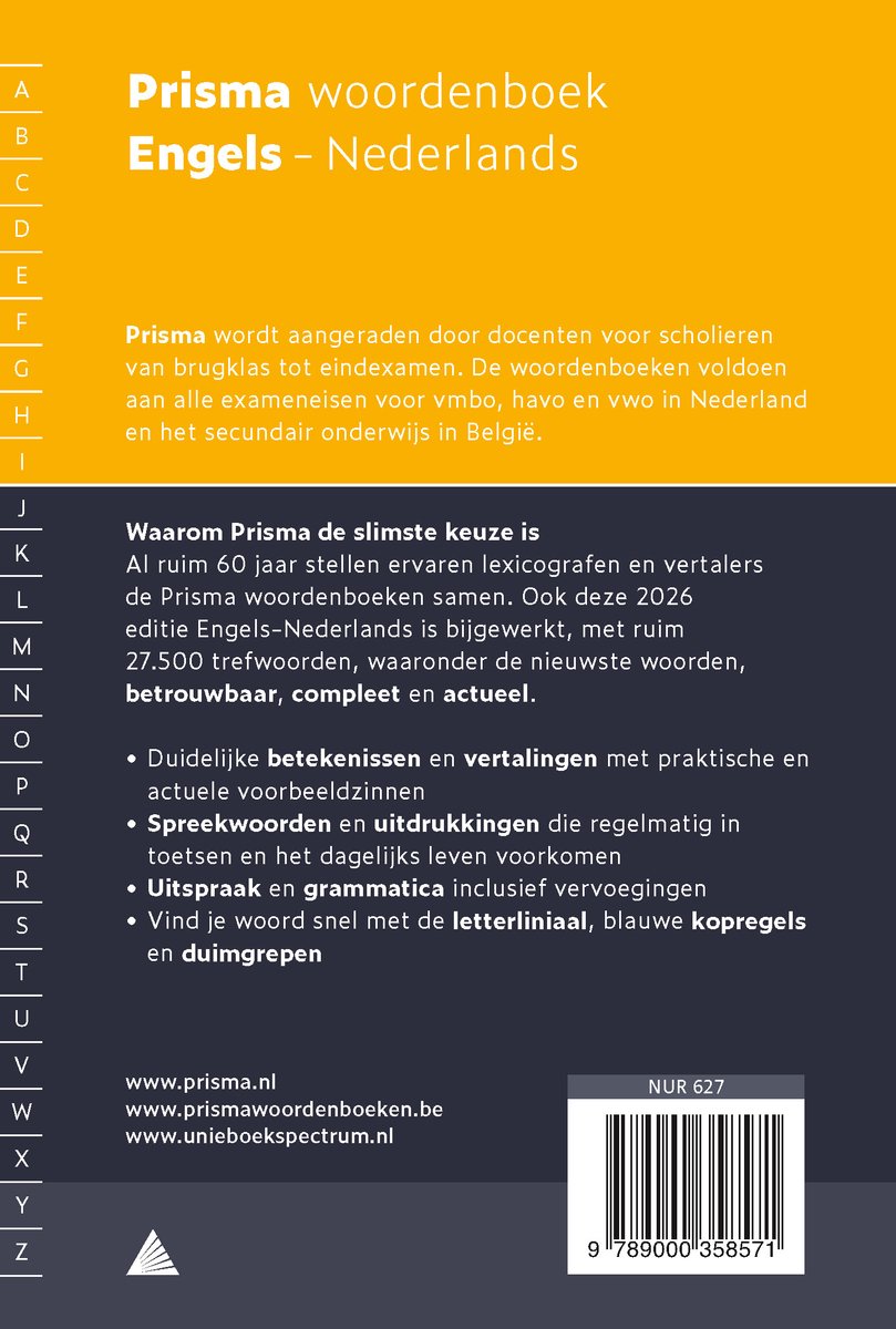 Prisma woordenboek Engels - Nederlands, met gele en oranje kleurstelling en Nederlandse letters.
