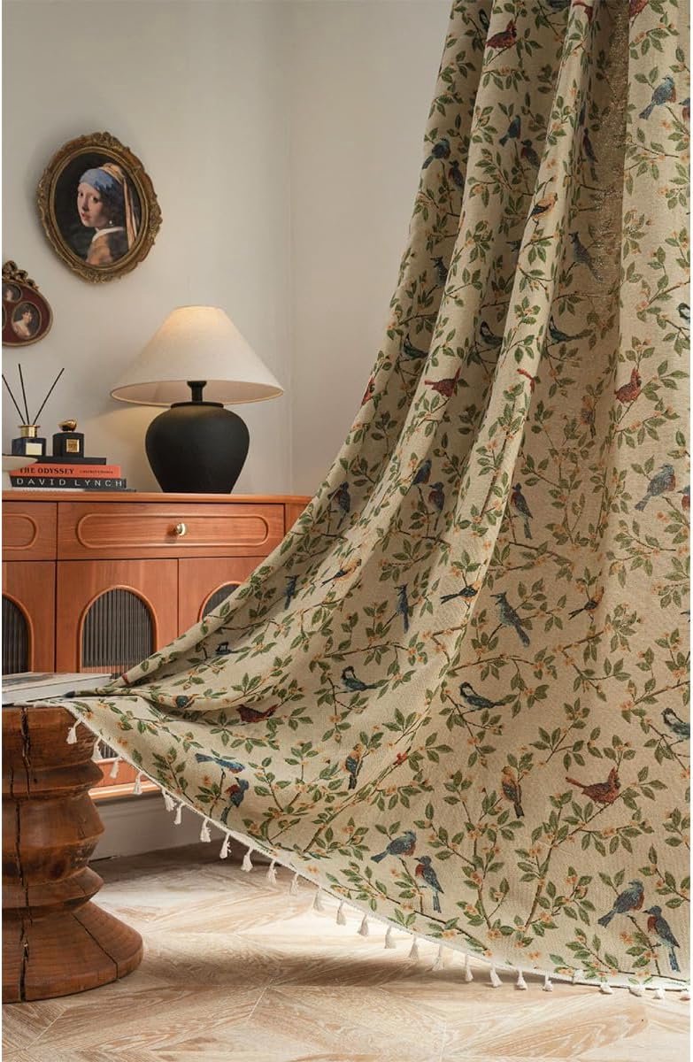 Gordijnen Vintage Ondoorzichtig Beige Gordijnen Linnenlook Boho Jacquard Vogels Bladeren Katoenen Gordijnen met Kwast Rod Pocket voor Woonkamer Slaapkamer 1 Stuk B150×H240cm