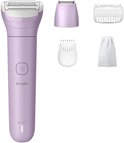 Paarse lady shaver met aan/uit-knop en 4 accessoires.