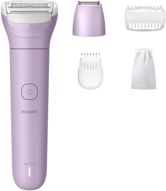 Paarse lady shaver met aan/uit-knop en 4 accessoires.