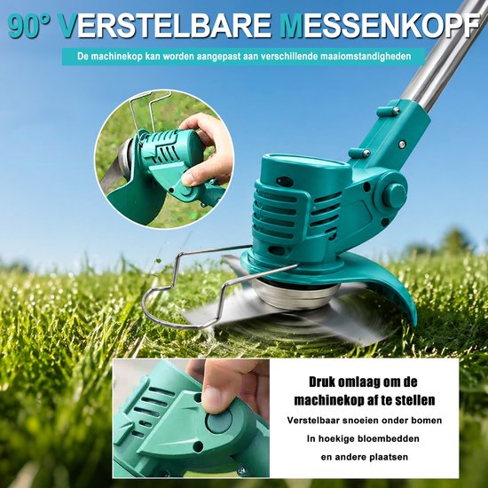 Accu Grastrimmer 3-in-1 Opvouwbaar - 18V 3000mAh 2x Batterij + Lader - Met 10 Stalen Messen, 2-in-1 Wiel & Randensnijder - Krachtige Onkruidverdelger voor Tuin, Gazon & Stoeprand - Incl. Aluminium Schijf & Beschermkap — afbeelding 2