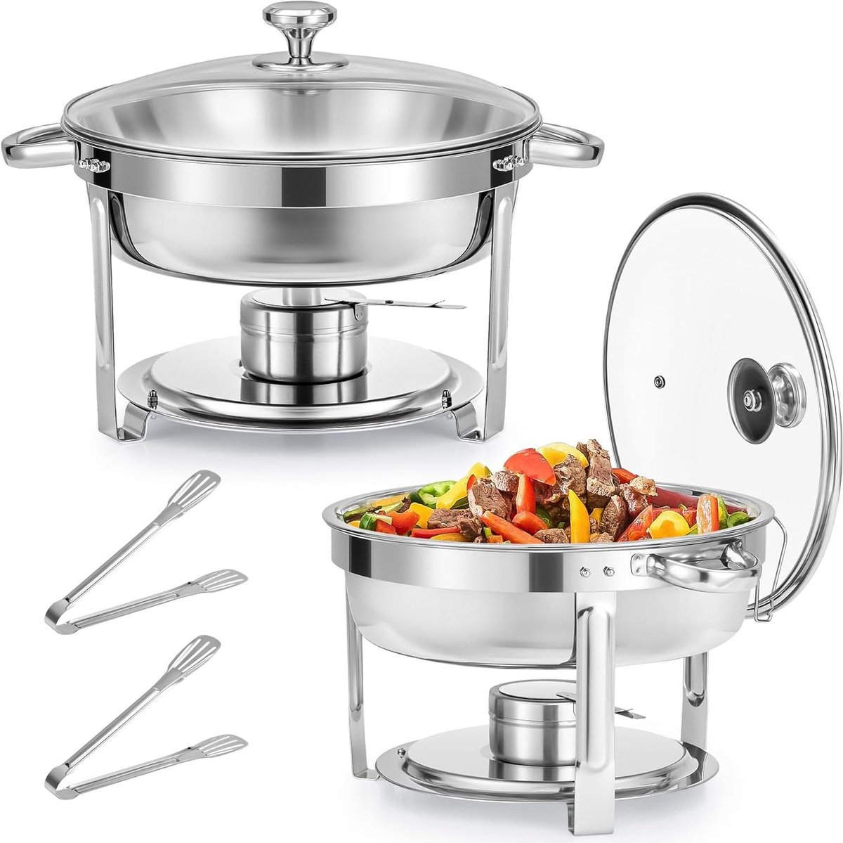 Ronde Chafing Dish - Voedselwarmer Bain Marie - Buffetten Warm Houden - Glazen Deksel - 55 Liter - Zilver
