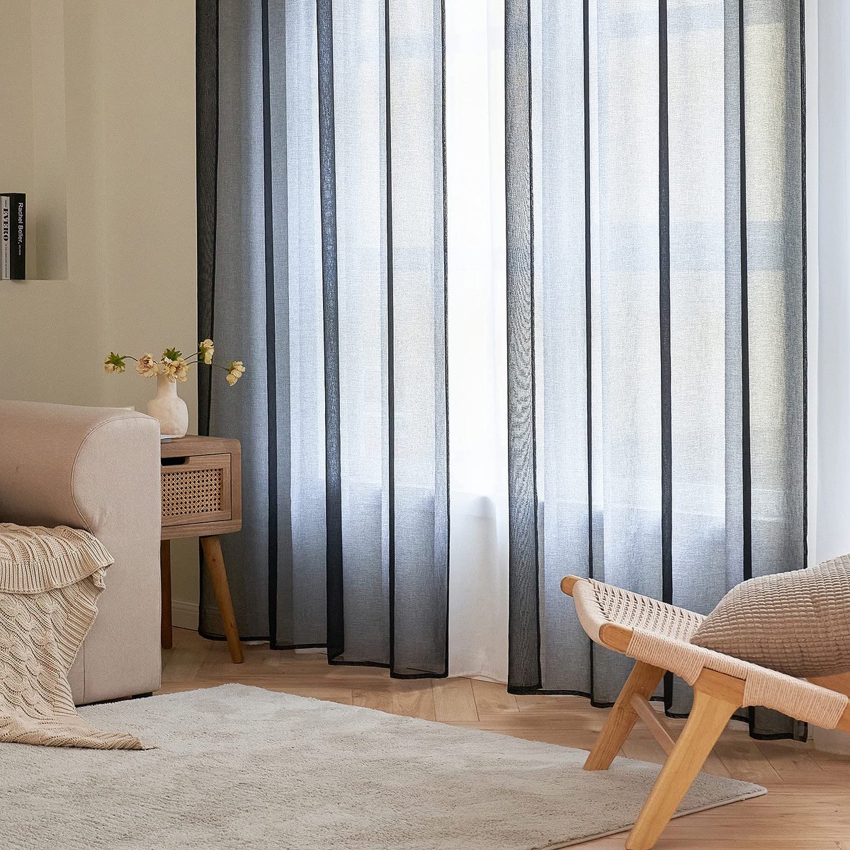 Raamgordijnen, glad, Panelen, Raamvitrage, Gordijnen, Elegante behandeling voor Slaapkamer, Woonkamer, Gordijnen met ringen, 2 panelen, 140 x 215 cm, Zwart