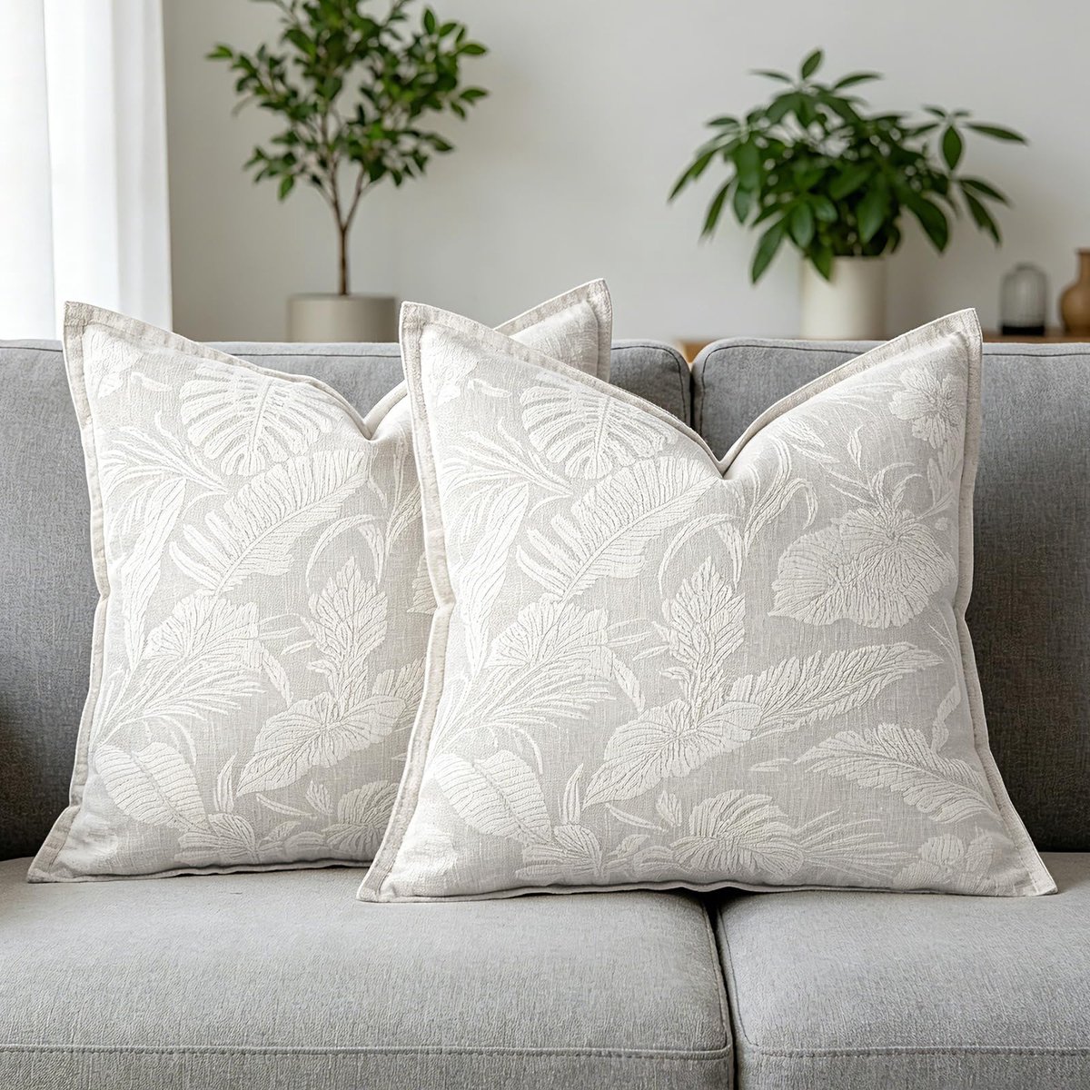 Kussenslopen in tropische bladeren, 45 x 45, set van 2 witte palmbladeren, zachte jacquard, chenille, vierkant, sierkussensloop, decoratieve bankkussens met onzichtbare rits