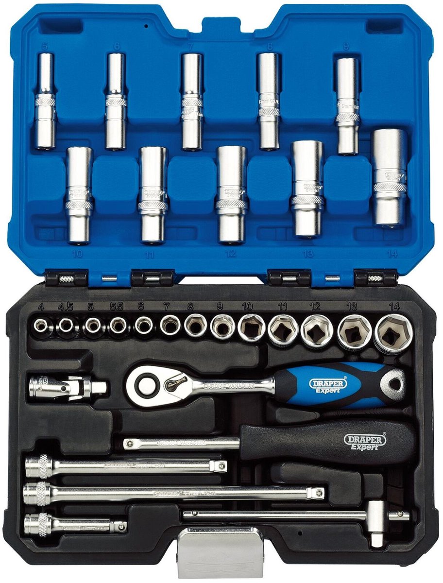 Draper 1/4" doppenset met soft grip ratel, 30-delig