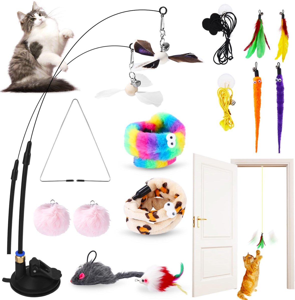 kattenspeelgoed met veren, 14 stuks, interactief kattenspeelgoed, hengel met veer, intelligent speelgoed voor katten, veerspeelgoed, bevat 2 zuignappen, veren, kattenbeestje