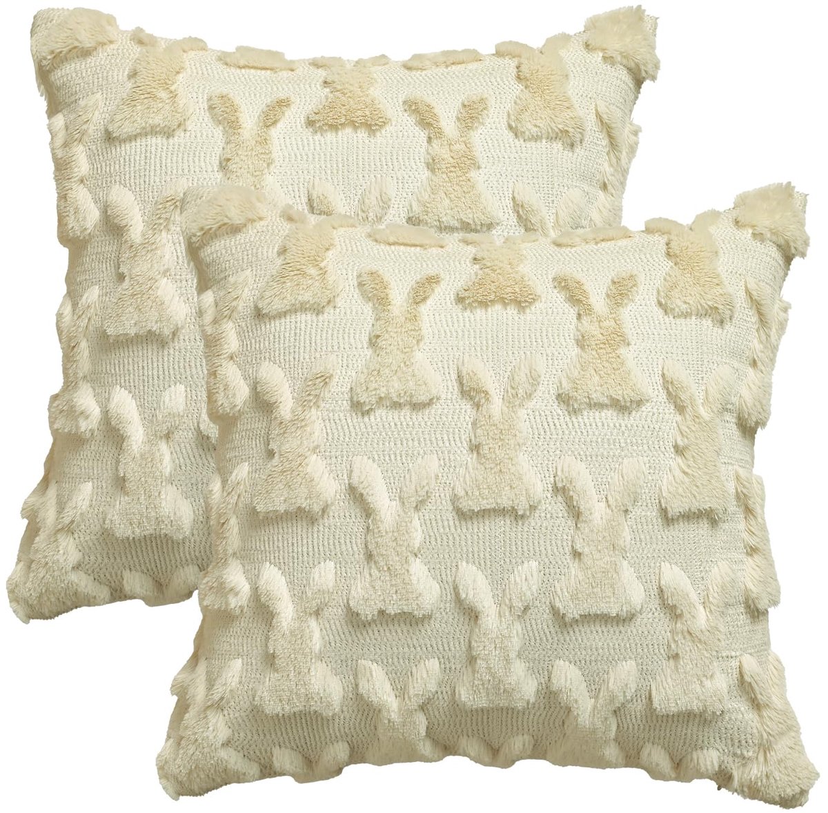Mode Set van 2 decoratieve kussenhoezen van zacht imitatiebont, paashaaspatroon, beige, 40 x 40 cm, voor bank, slaapkamer