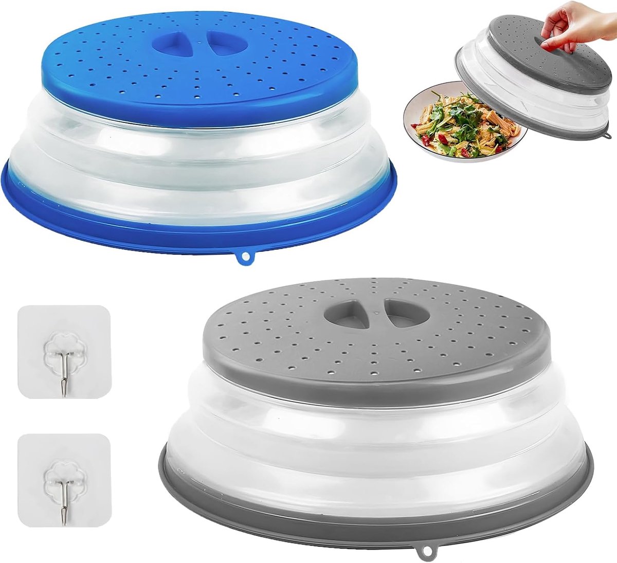 dellyy Magnetrondeksel, BPA-vrij, 2 stuks, 3-in-1 magnetronafdekking met 2 haken, opvouwbaar, deksel, kunststof ventilatie, D, 27 cm