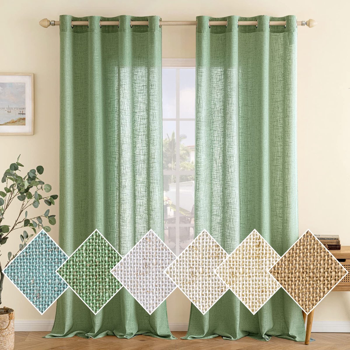 Gordijnen, linnen, gordijn met oogjes, voile, linnenlook, modern, semi-transparant, voor woonkamer, decoratief, kinderkamer, lusgordijn, keukengordijnen, set van 2, 140 x 245 cm (b x h), groen