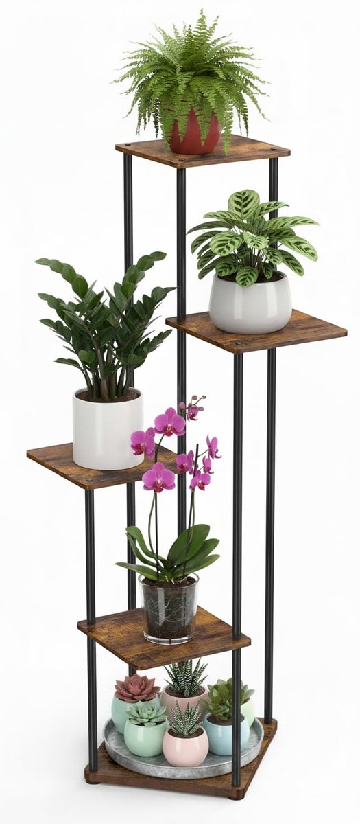 Plantenrek voor binnen, bloempotstandaard van metaal, 5 niveaus, voor meerdere planten, terras, tuin, woonkamer, hoekrek, decoratie voor huis, plant, dier, bruin