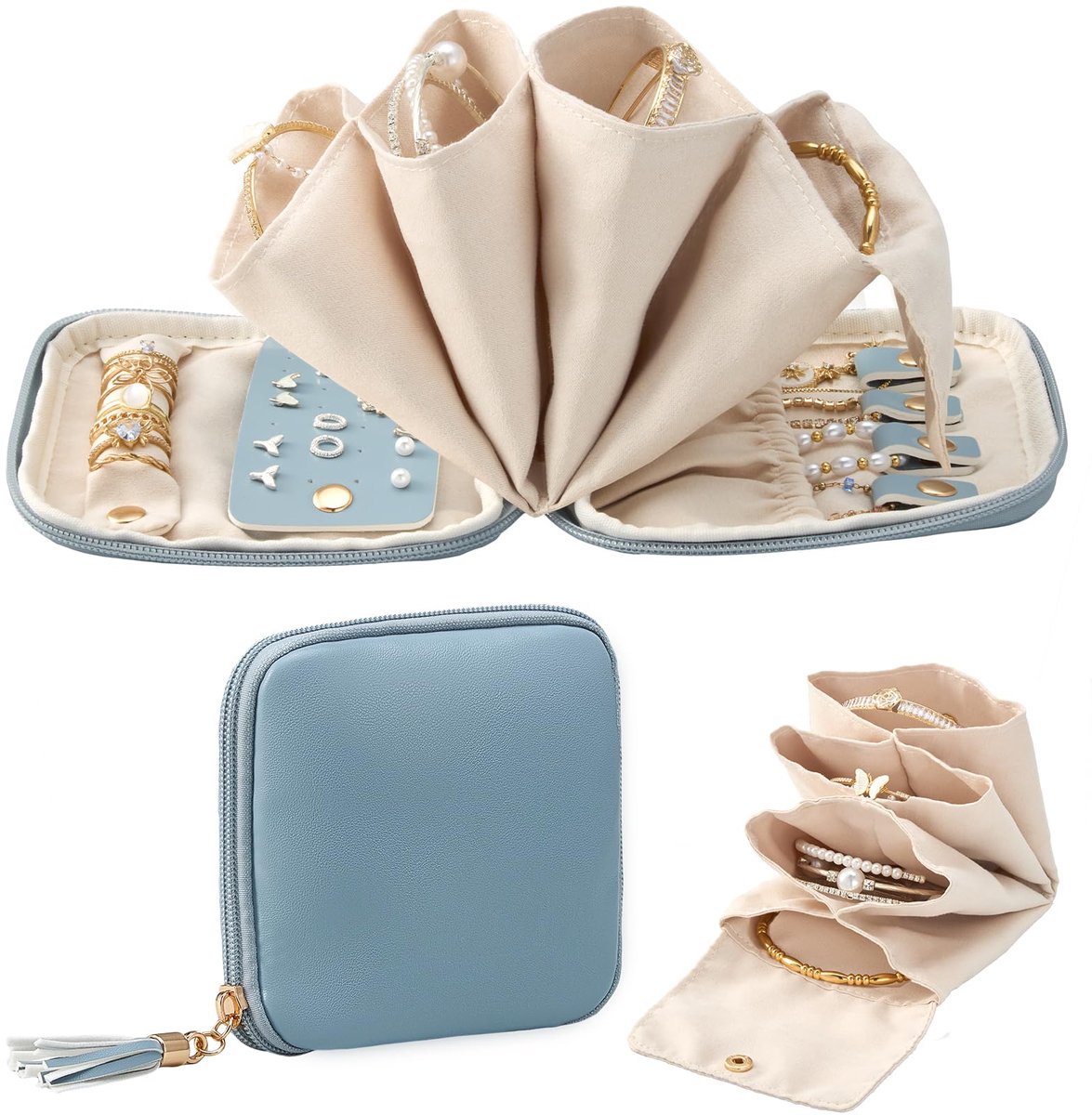 Reistas voor sieraden, compacte organizer met ritssluiting en pompon, opslag met platte opening met afneembare zakken, poederblauw