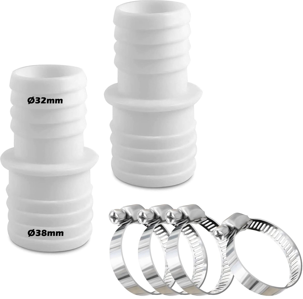 2 x slangconnector voor slangen met een diameter van 32 mm tot 38 mm, set met 4 slangklemmen voor zwembad, dubbele upgrade-versie