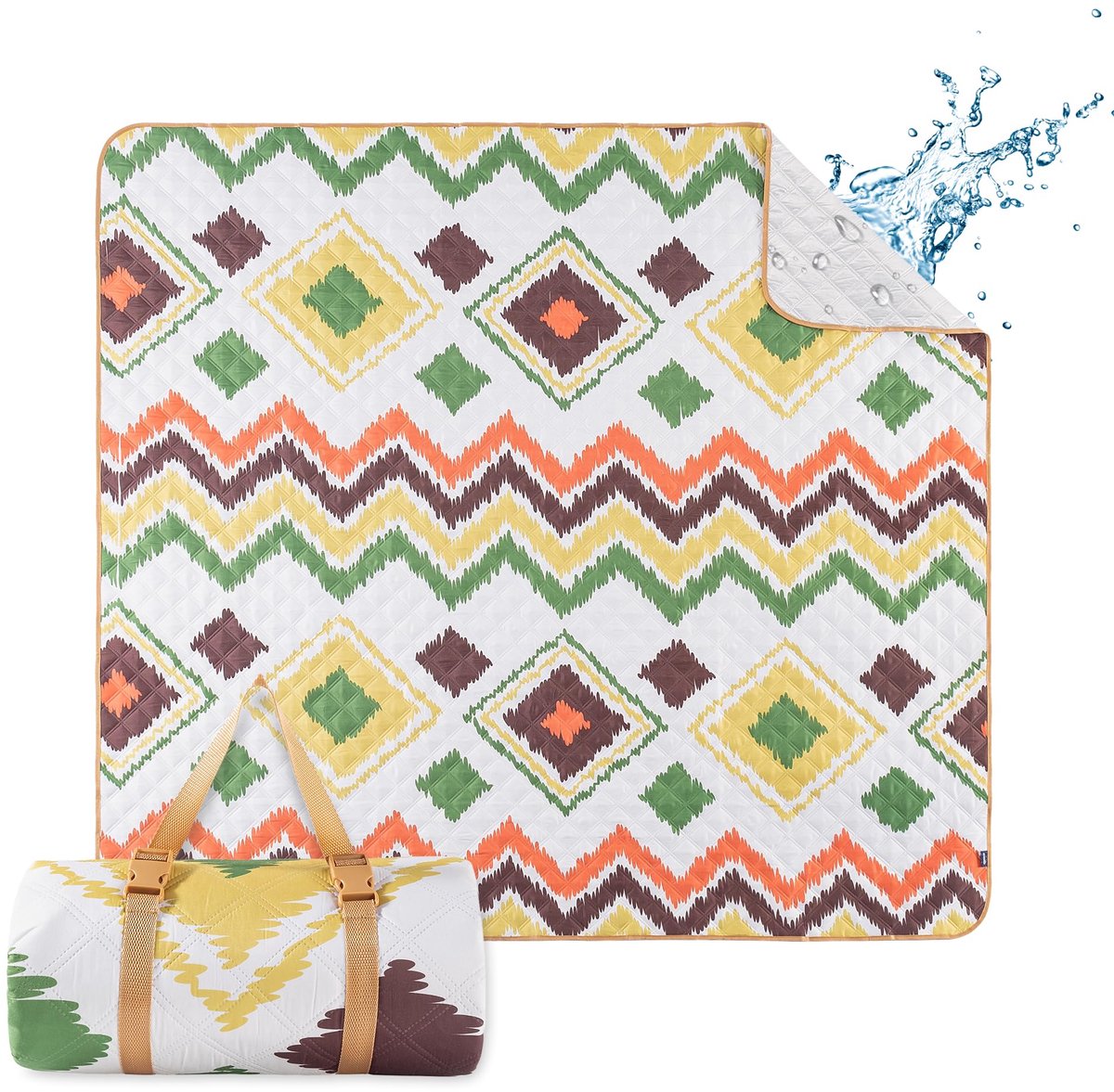 Strand- en picknickdeken, 200 x 200 cm, waterdichte en wasbare strandmat met draagriem, perfect voor strand, camping en picknick, campingdeken (boho-groen) (Boho Green) (Boho Green)