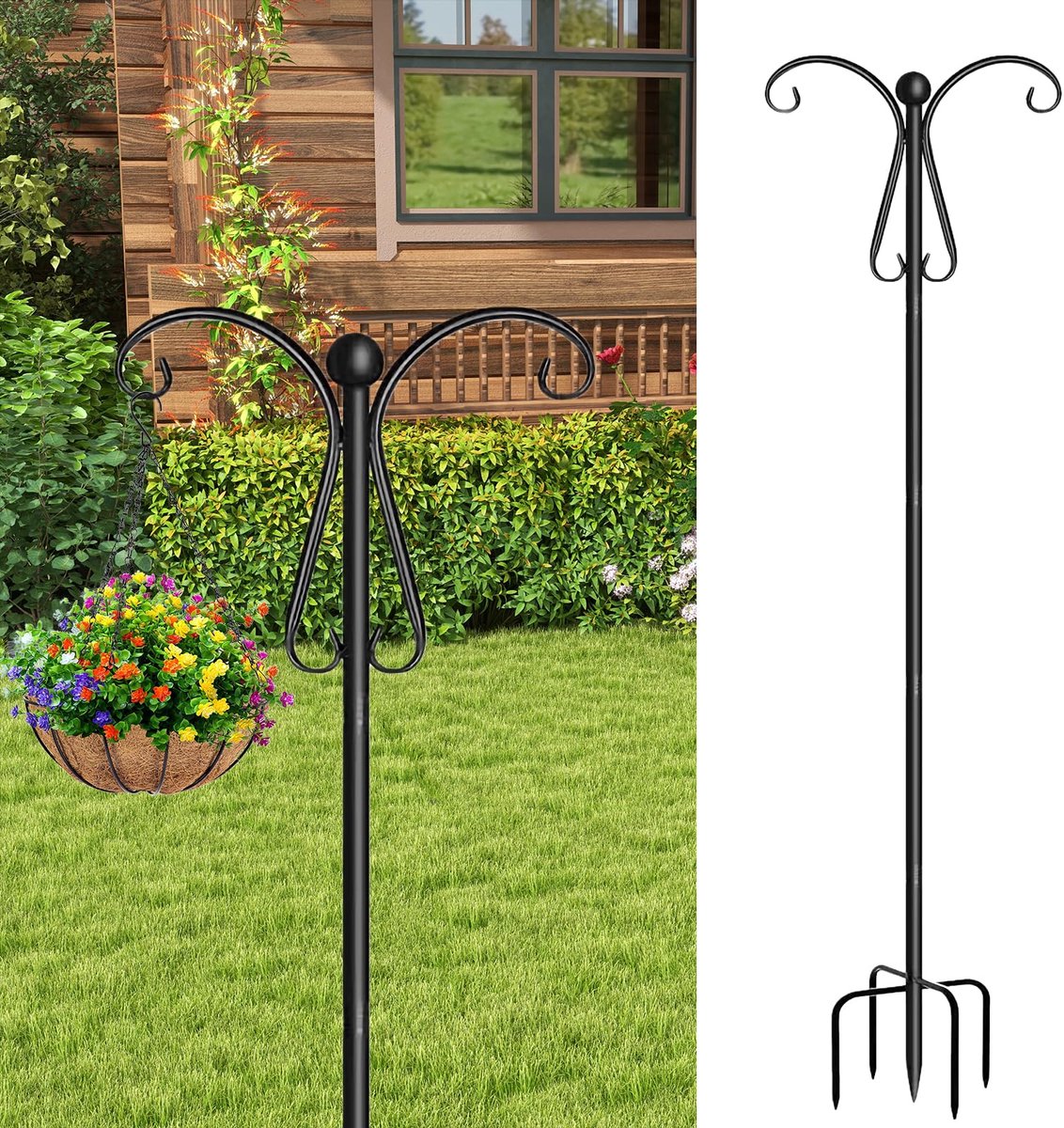 240 cm, dubbele haak voor tuin, 5 tanden, vogelvoederdispenser, stang, voor zonnelampen, plantenmanden, lantaarns, vogelhuisjes - zwart