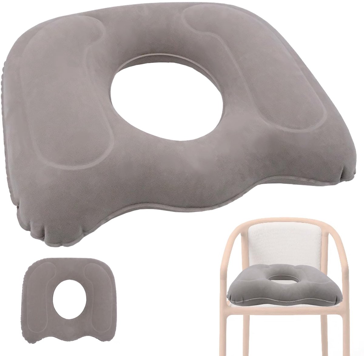 aambeien-zitkussen voor auto en kantoor, opblaasbaar, 48 x 48 x 12 cm, eco-pvc met fleece-overtrek, draagbaar, comfortabel kussen bij rug- en stuitbeenpijn