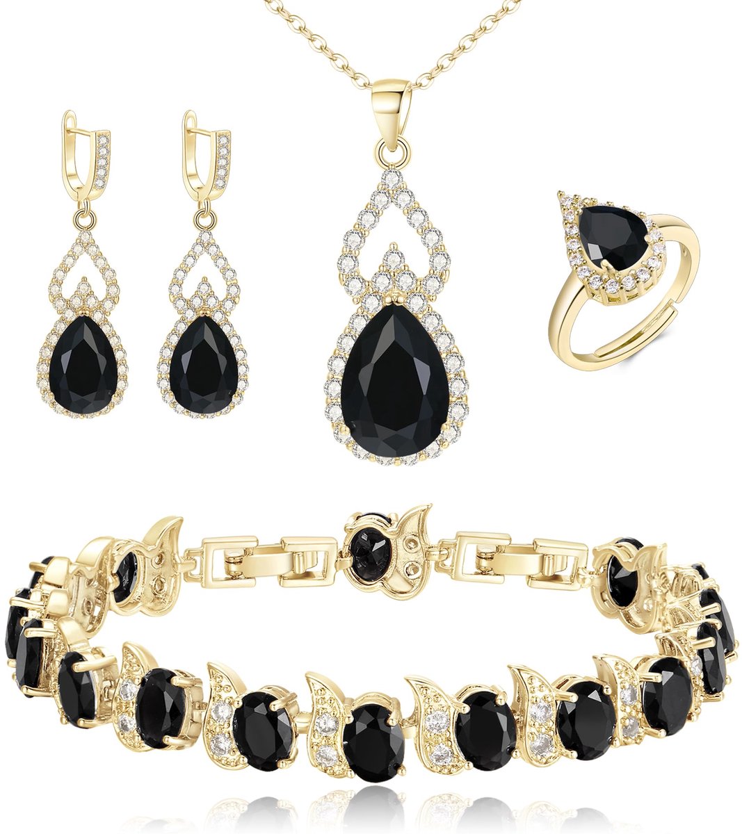 Sieradenset voor dames, verzilverd, traandruppel, kubische zirkonia, halsketting, open verstelbare ring, oorbellen, armbandset voor bruiloft/jubileum/Moederdag, zirkonia, Cubic, kubische