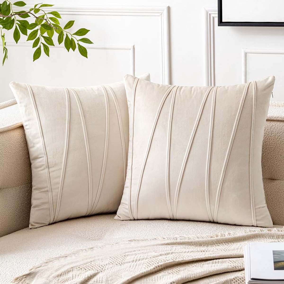 Pack van 2 Gestreepte Fluwelen Gooi Kussenslopen Moderne Decoratieve Effen Kussenslopen Vierkant Zacht Gezellig voor Bed Bank Bank Auto Woonkamer 18x18 "45x45cm Crème