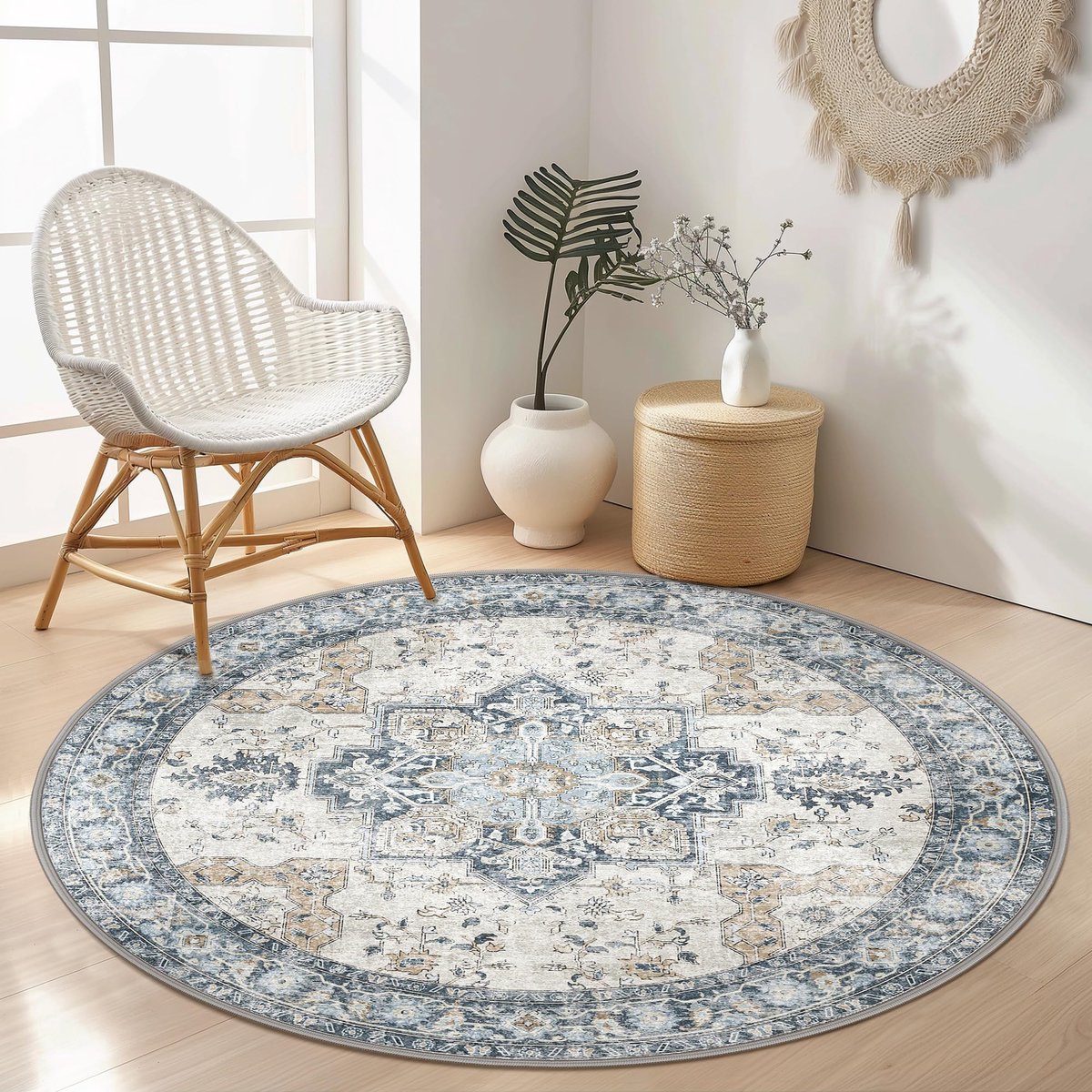 Rond vloerkleed 200 cm, vloerkleden voor de woonkamer, extra grote vloerkleden, boho-vloerkleed, groot antislip vloerkleed, slaapkamer, eetkamer, kantoor, blauw