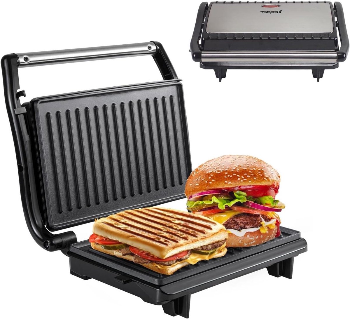 Elektrische Grill - Contactgrill Sandwichmaker - Snel Eten Bereiden - Zelfnivellerende Platen - 800 Watt - Zwart