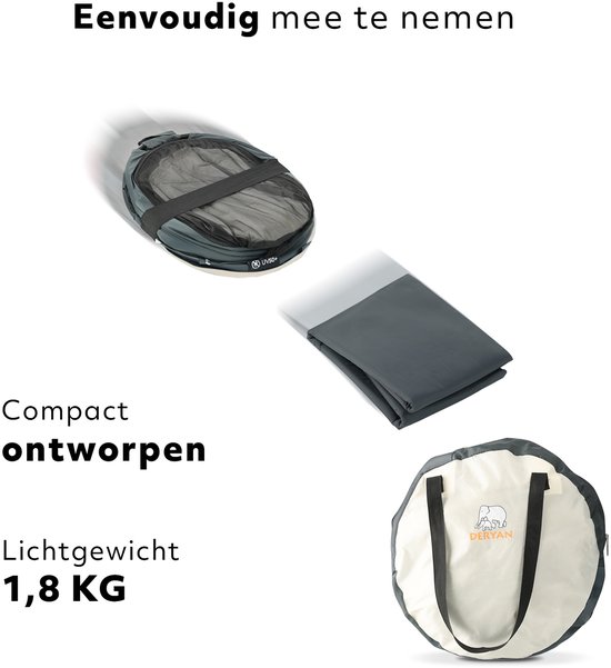Gevouwen Deryan Baby Luxe campingbedje, opgevouwen matras en draagtas. Tekst: 'Compact ontworpen, Lichtgewicht 1,8 KG'.