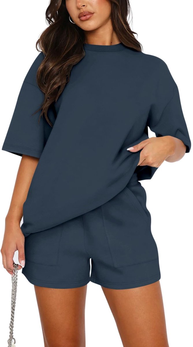 Vrouwen Katoen Korte Mouw Trainingspak Set Ronde Hals Effen Kleur Shirt en Shorts met twee Zakken Tweedelige Outfit co ord Sets