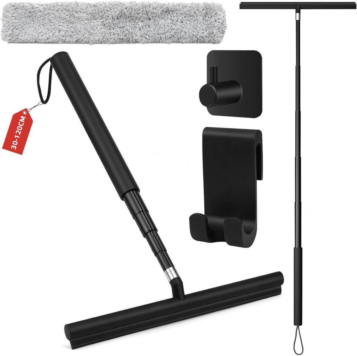 Zwart, trekker douche met 30-120 cm telescoopsteel, raamtrekker met roestvrijstalen kern, vloertrekker en waterschuiver voor badkamer, douche, ramen schoonmaken