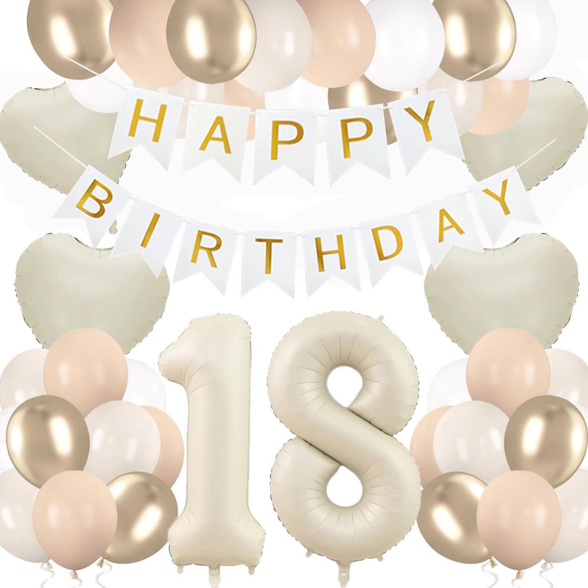 goud, zandwit, feestdecoratie, Happy Birthday, banner, confettiballonnen, lichtgoud, folieballon voor vrouwen, meisjes, verjaardagsdecoratie (crèmewit 18)