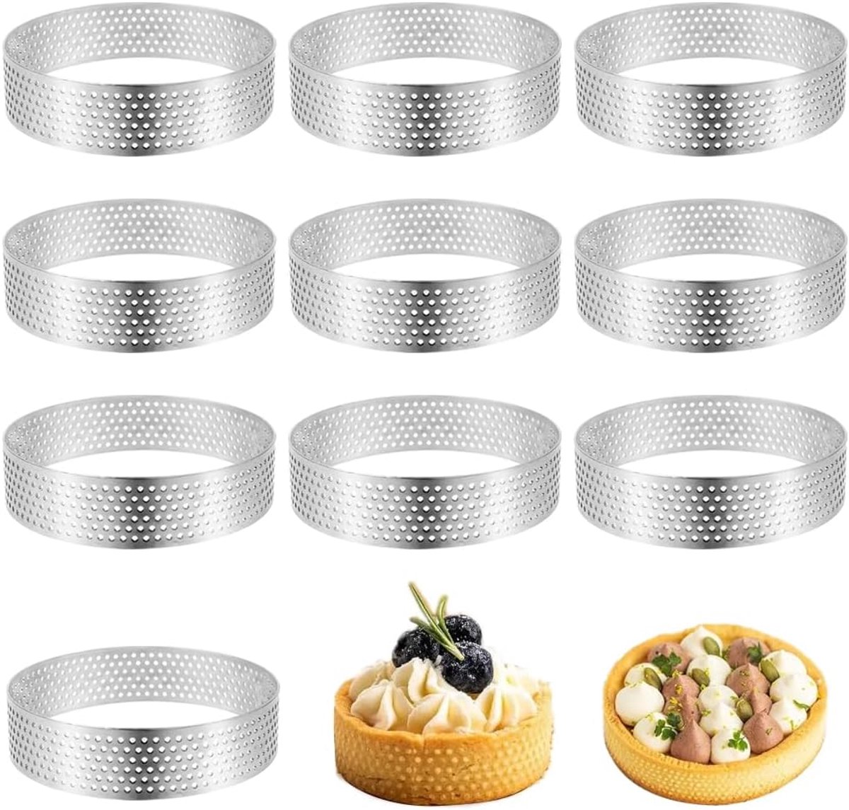 10 stuks mousse tartelette vormpjes, 8 cm geperforeerde dessertringen van roestvrij staal, crumpet ringen voor het maken van taarten, gebak, minikaarten, pie quiche, 2 cm hoog (zilver)