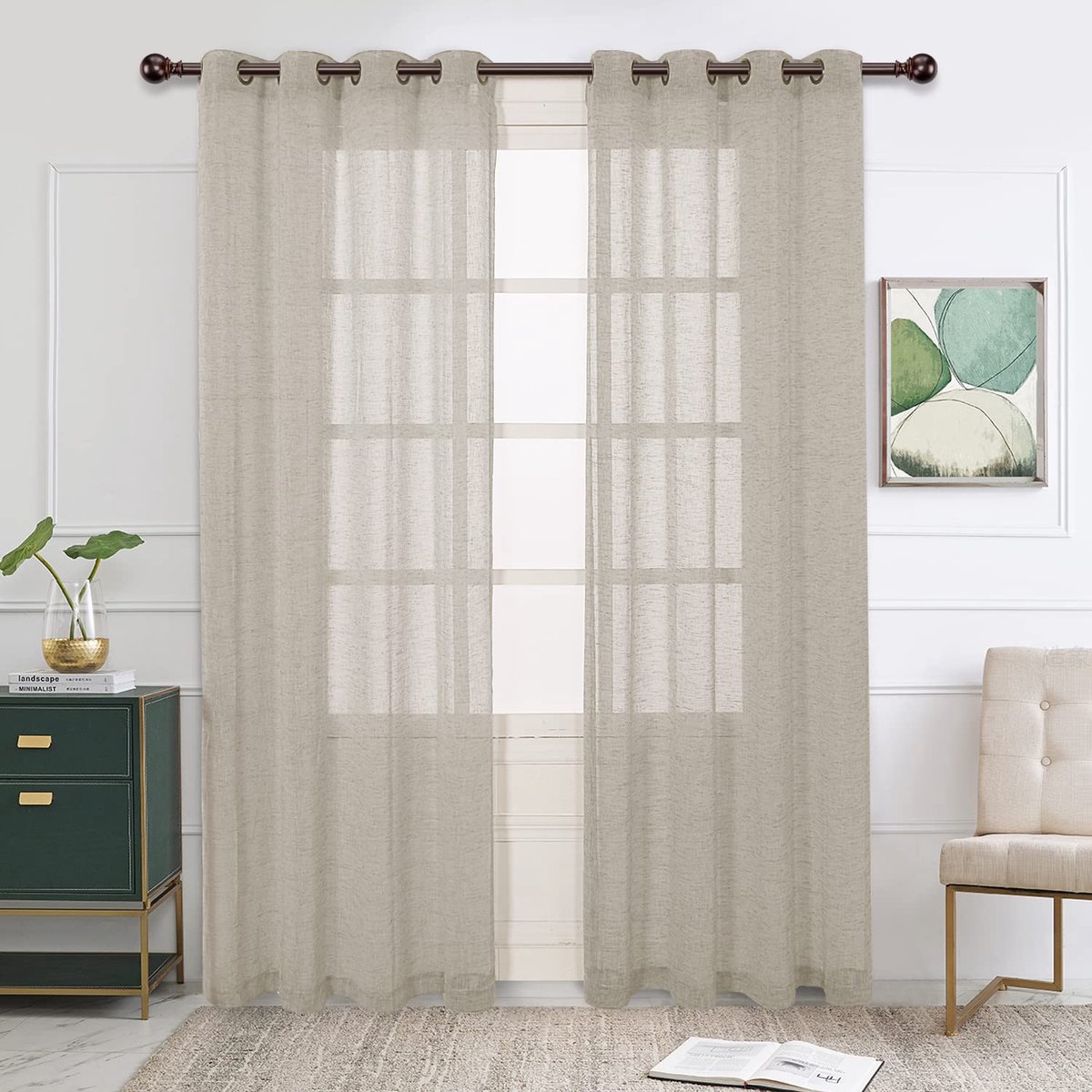 Jute linnen transparante gordijnen voor woonkamer - doorvoertule top pure gordijnen 84 inch lengte lichtfilterende voile raamgordijn voor slaapkamer, set van 2 panelen (137 x 213 cm, linnen)