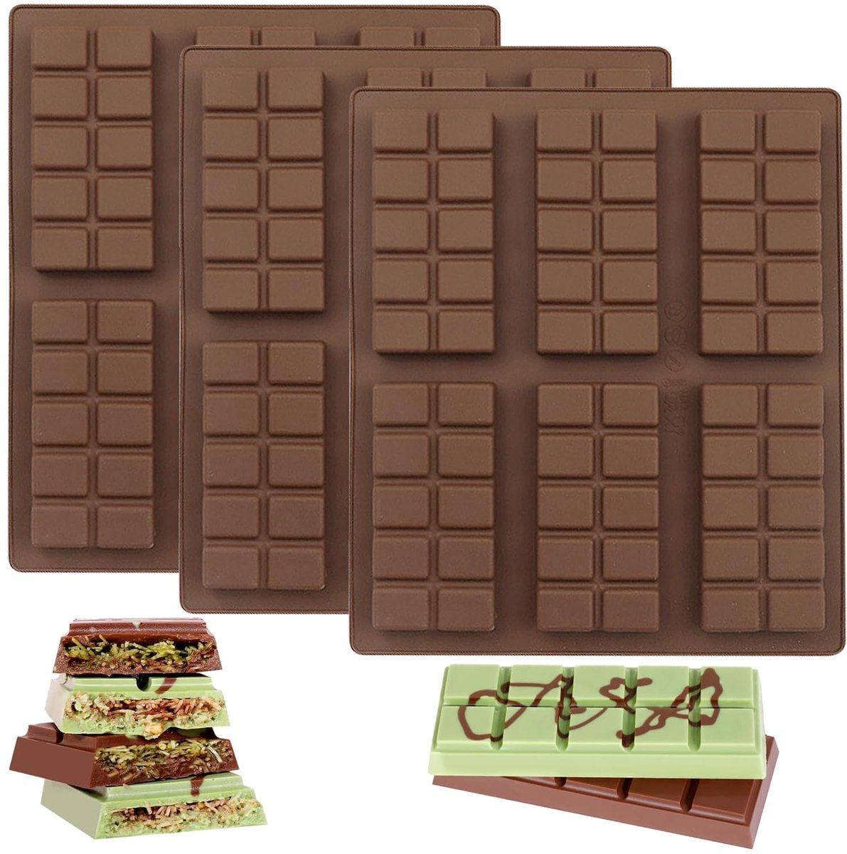 3 stuks siliconen mallen 6 holtes 10 roosters, anti-aanbaklaag chocolademallen, snoepvormen, fudge mallen dienblad voor snackwafels, koekjes, gelei, ijsblokjes (bruin)