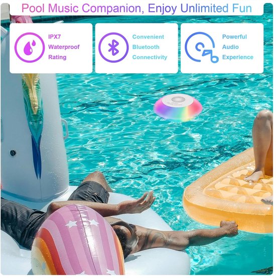 Bluetooth-speakers met kleurrijke verlichting - Draagbare, drijvende zwembadspeaker (IPX7-waterdicht) met 8 lichtmodi - Ingebouwde microfoon, HD-stereogeluid, handsfree en draadloos - Geschikt voor bubbelbad, douche en buitengebruik — afbeelding 4