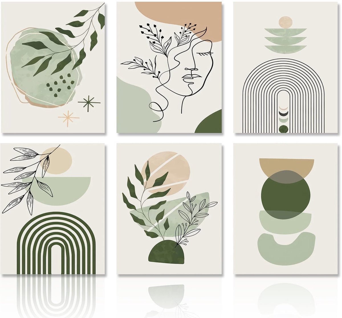 Sage Green Boho Wanddecoratie Poster Minimalistisch Abstract Geometrische Muur Poster voor Slaapkamer Woonkamer 8x10 in Niet Ingelijst Set van 6